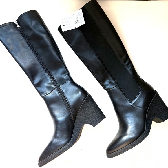 AEROSOLES Memphis Wedge Knee High Boot BLACK 8.5 Comfort Elastic Genuine Leather - Picture 4 of 15